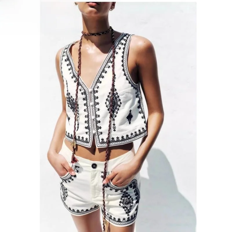 

Casual High Waist Embroidered Vest ort Sve V-Ne Women's Faion Summer Top with Matching Leisure orts Set