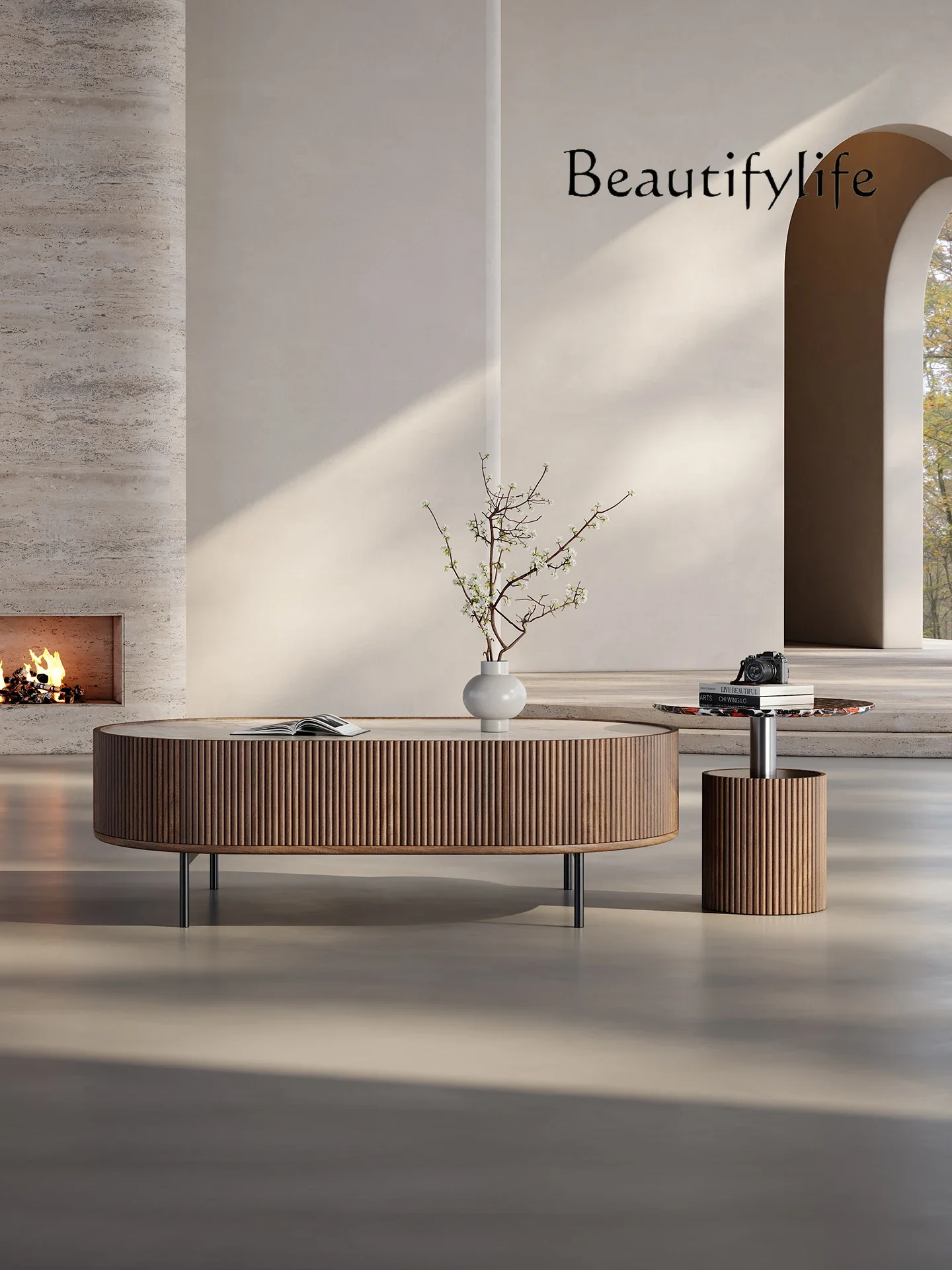 

SS Italian Minimalist Rock Slab Coffee Table Household Living Room High Foot Walnut Light Luxury Modern High-end Oval Coffee Tab