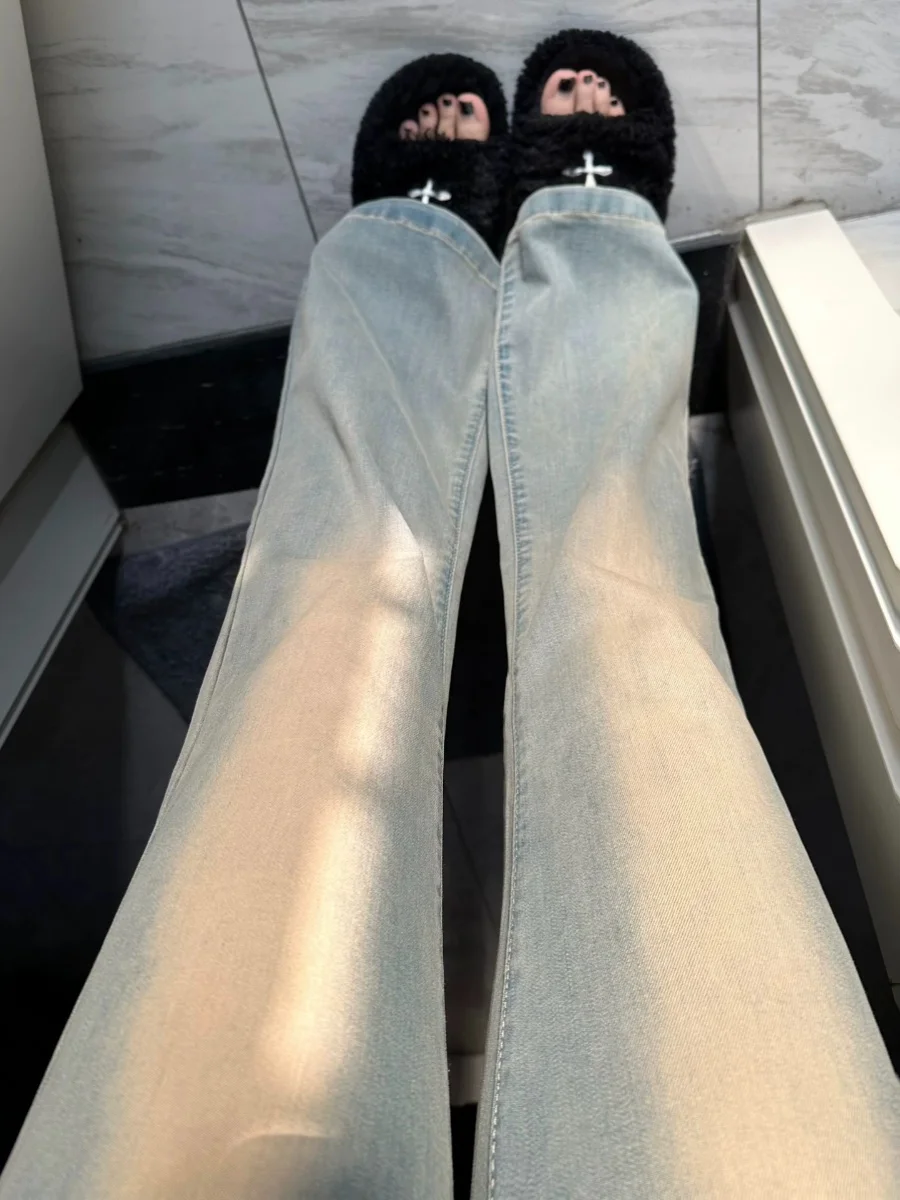 بنطلون جينز أمريكي عتيق الطراز بخصر عالٍ وأرجل واسعة للنساء، مقاسات كبيرة، مرن ونحيف، بطول كامل، بنطلون دنيم أزرق للخريف