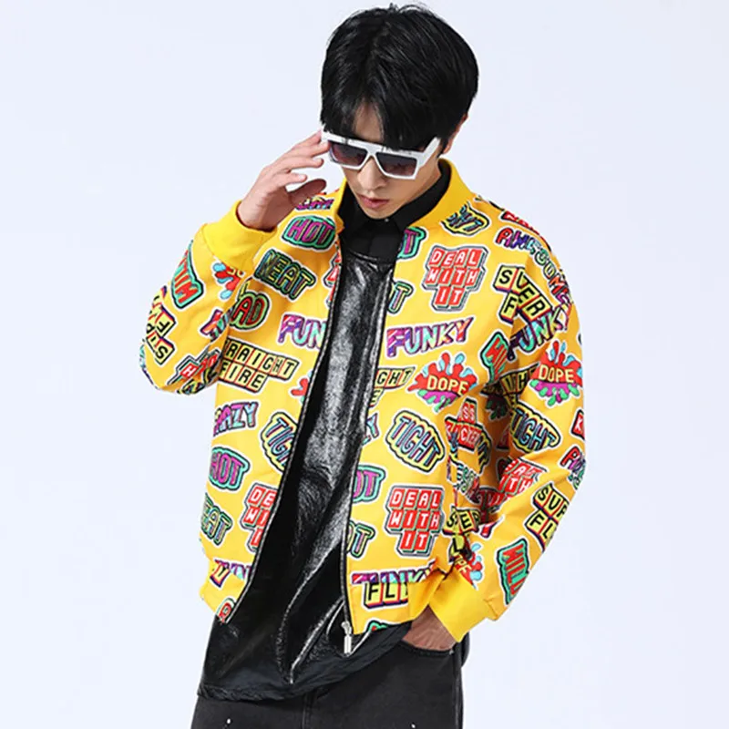 Men Yellow Letter 3D Pattern Baseball Jacket Graffiti Hip Hop Zipper Casual Leather Coat Dancer Singer Bar Concert Stage Costume