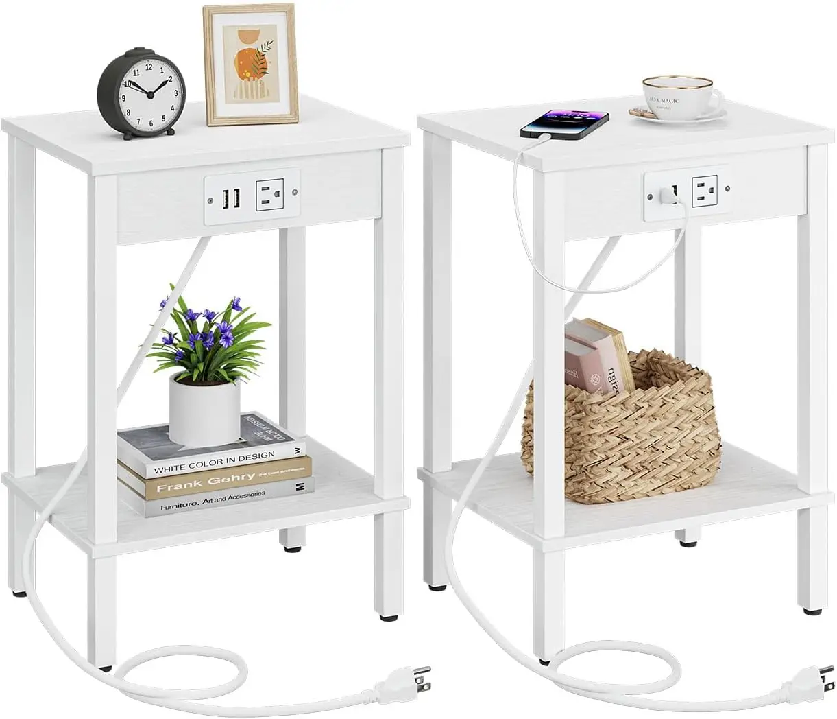 

Set Of 2 End Table With Charging Station, Narrow Side Table With Usb Ports And Outlets, Nightstands With 2-Tier Storage