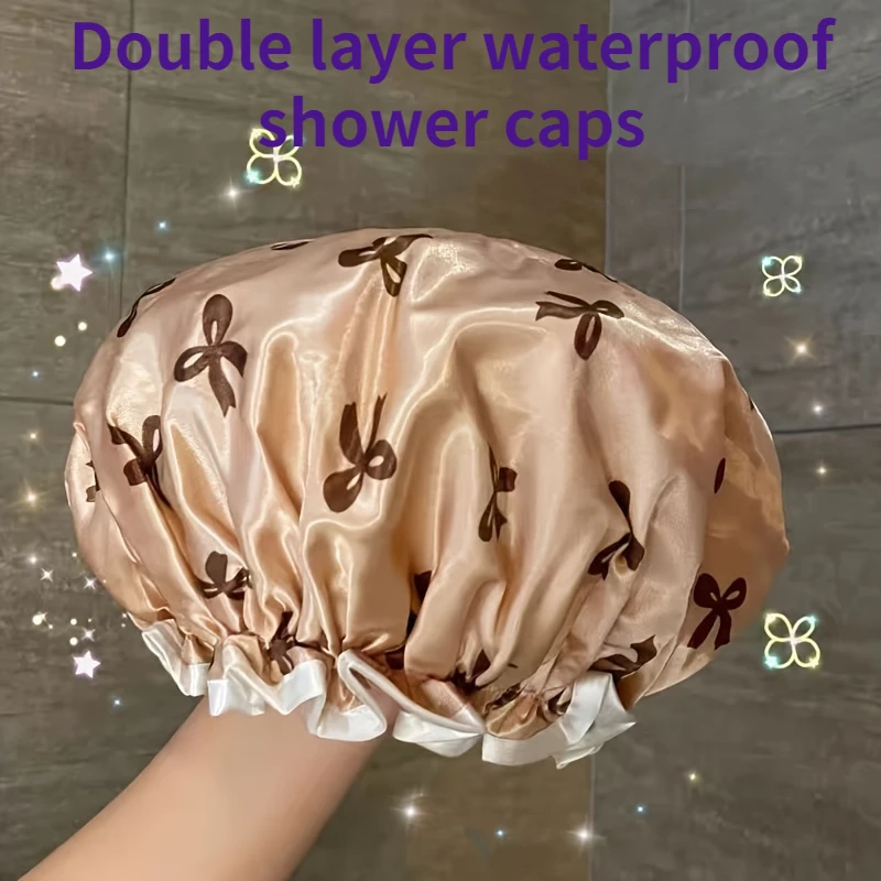 1pc Double Layer Shower Caps, Printed Bonnet, Waterproof Bath Caps Reusable Shower Caps Hair Hat For Women Ladies Spa Salon