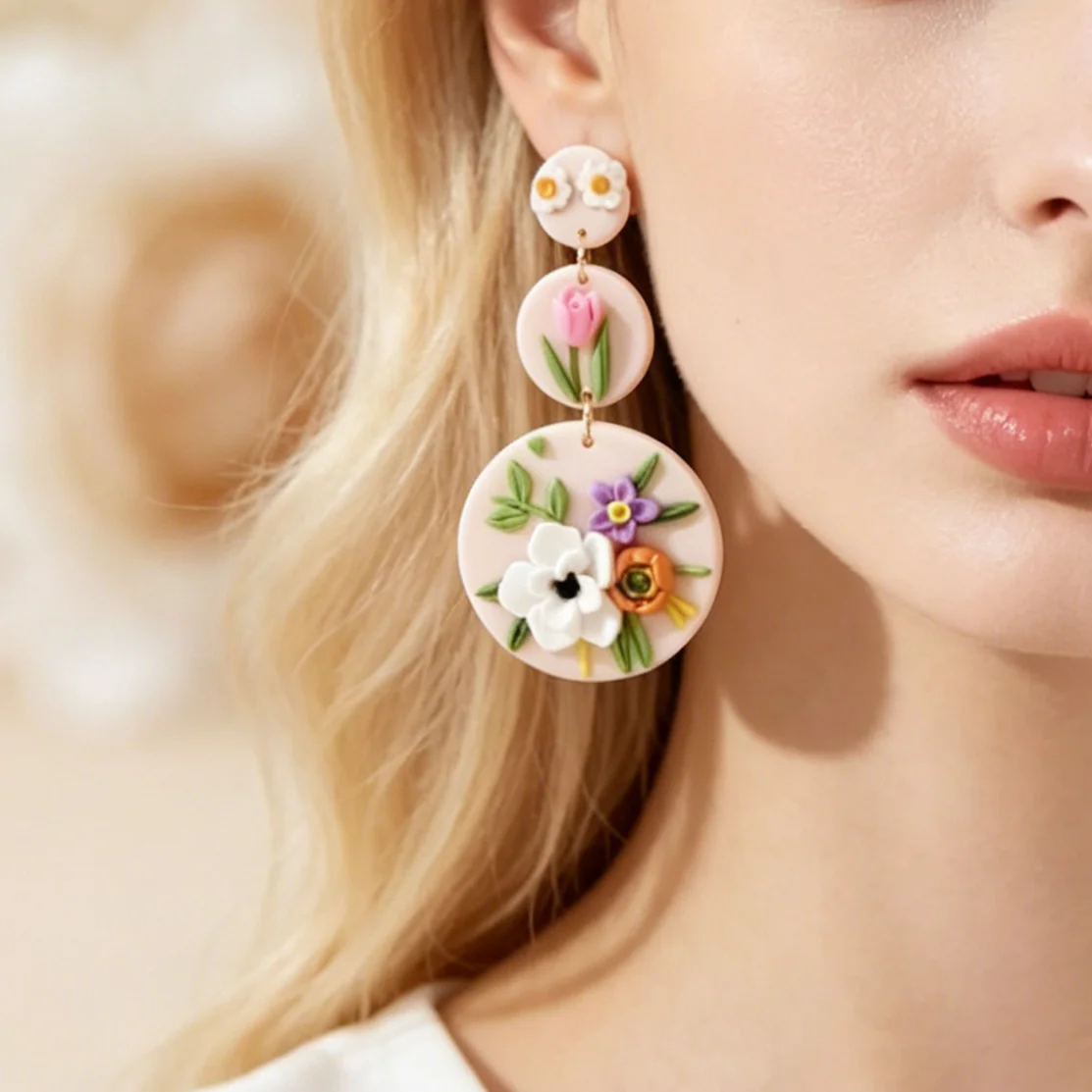 Vintage Artsy Colorful 3D Flower Polymer Clay Earrings Handmade Geometric round Floral Dangle Unique Gift for Spring Summer