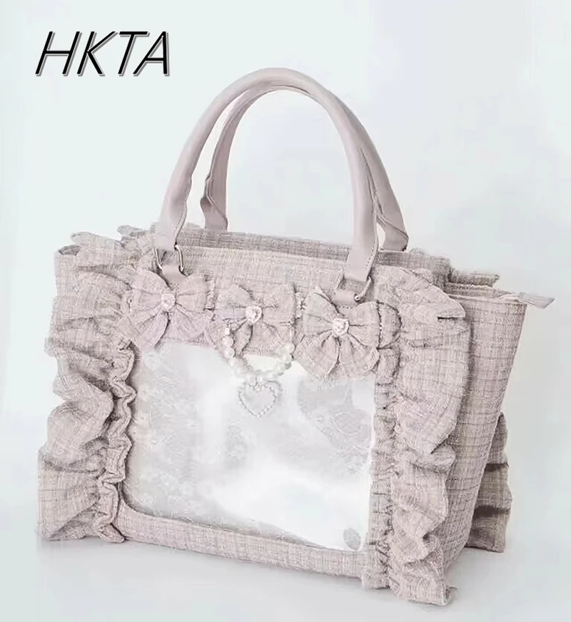 Japanese Style Mine Bags Women Ruffled Lace Lolita Girls Rhienstone Pearl Bowknot Square Tote Shoulder Portable Bolso Handbags