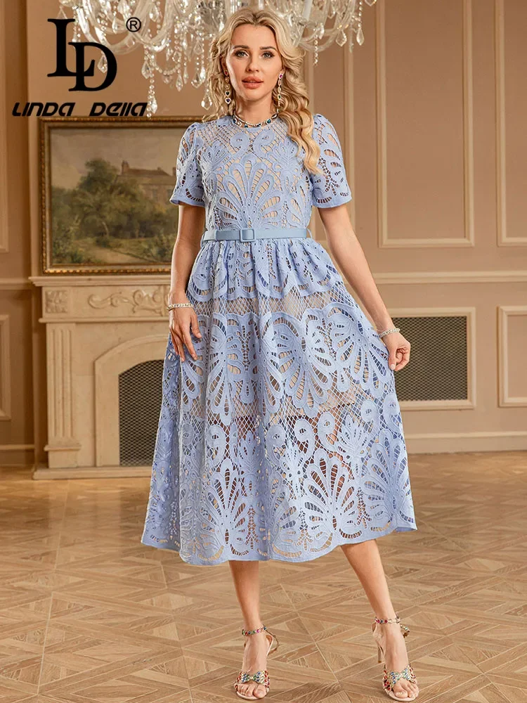 LD LINDA DELLA 2025 Spring/Summer New Round Neck Short Sleeve Blue Water soluble Flower Hollow Waist Mid length Dress for Women