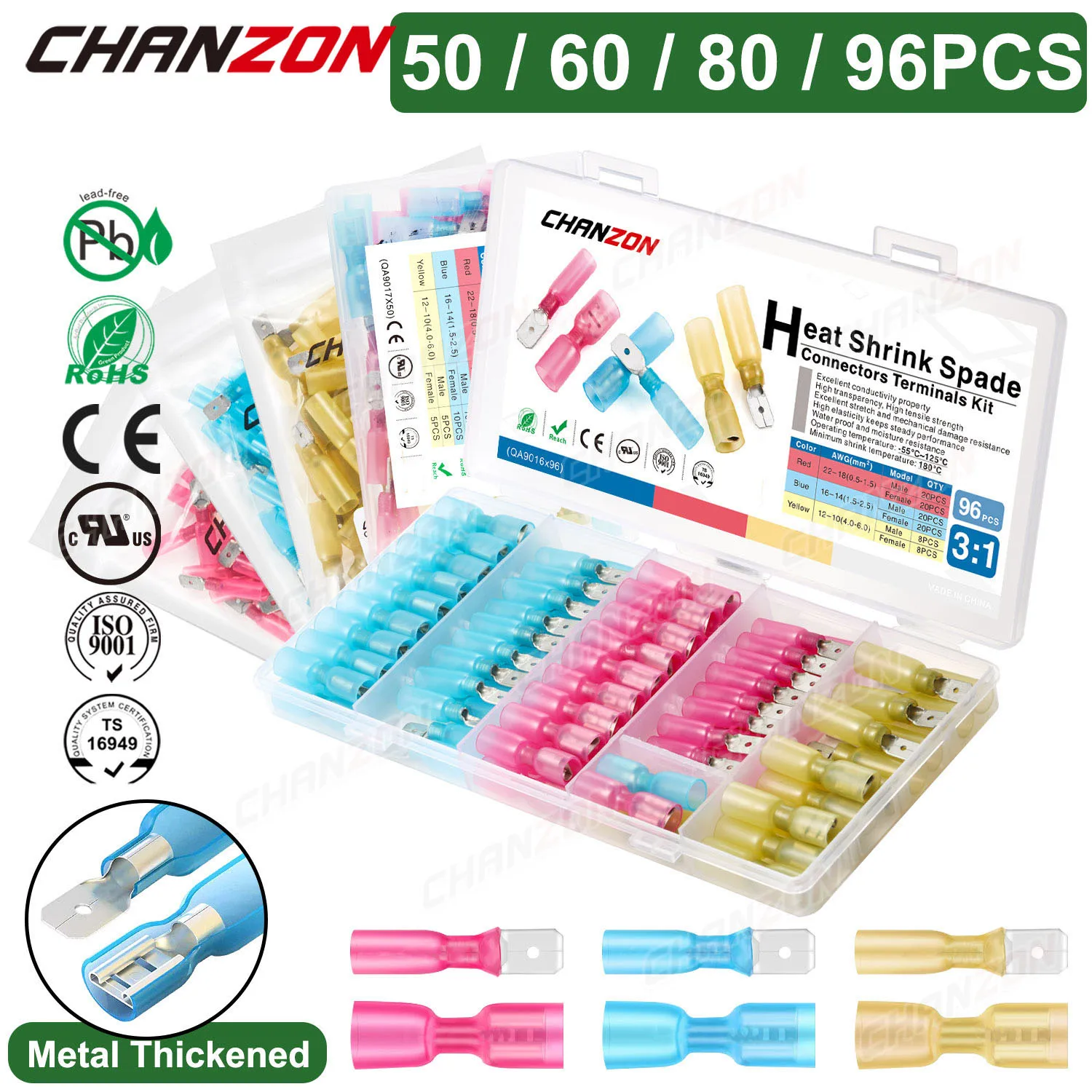 50-96-teiliges männlich-weibliches Schrumpf-Flachsteckverbinder-Set, Marinequalität, Crimp-Lötzinn, elektrische Drahtklemmen, 22–18, 16–14, 12–10 Awg – Detail 1