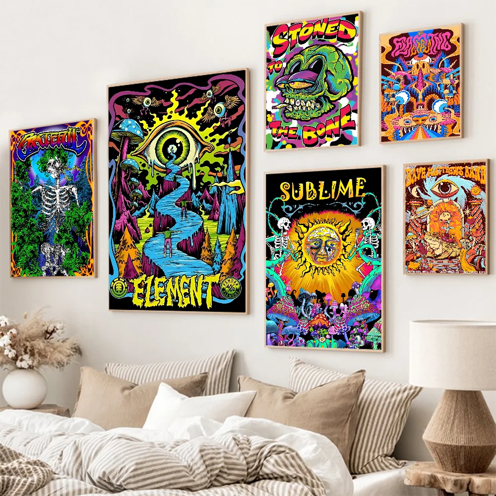 Trippy Skeleton Abstract Psychedelic Mushroom Movie Sticky Posters Whitepaper Sticker DIY Room Bar Cafe Posters Wall Stickers