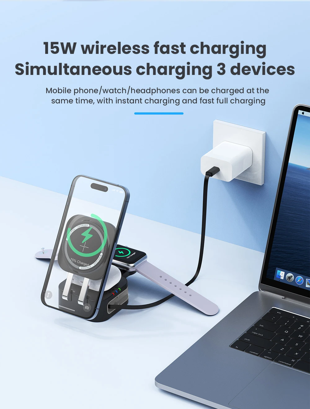 3-in-1 Magnetischer Faltbarer Reise-Schnell-Ladeständer für Magsafe iPhone 16 15 14 13 12 Pro Apple Watch 2-9 SE Airpods Pro – Detail 5