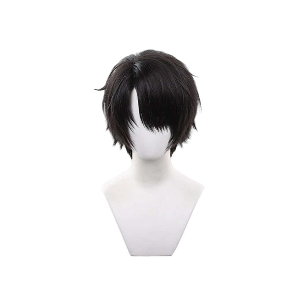 Black Short Cosplay Wig with Side Bangs Heat Resistant Synthetic Hairpiece for Men Women Halloween Party Costume