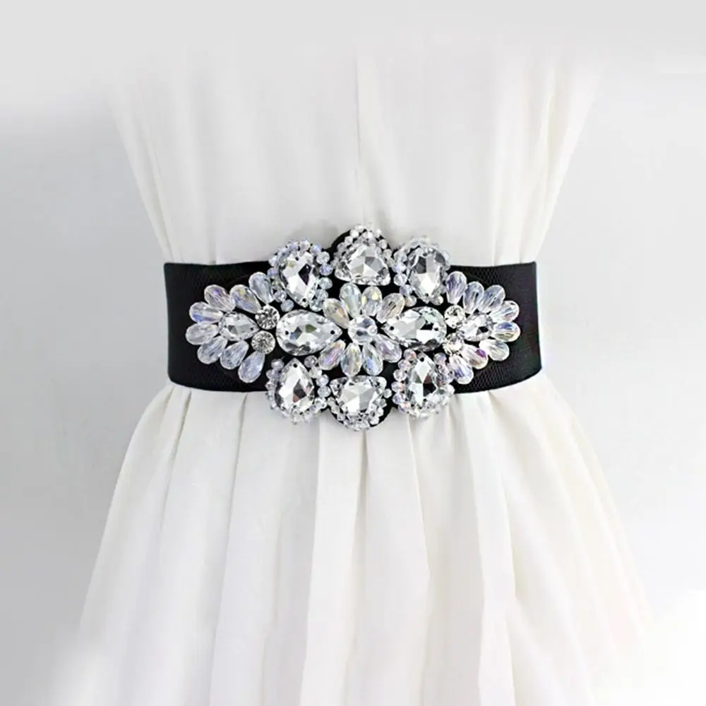 

Простой эластичный пояс-кумербанд с цветочным узором в корейском стиле, широкий женский пояс, черный ремень, пояс с стразами для платья