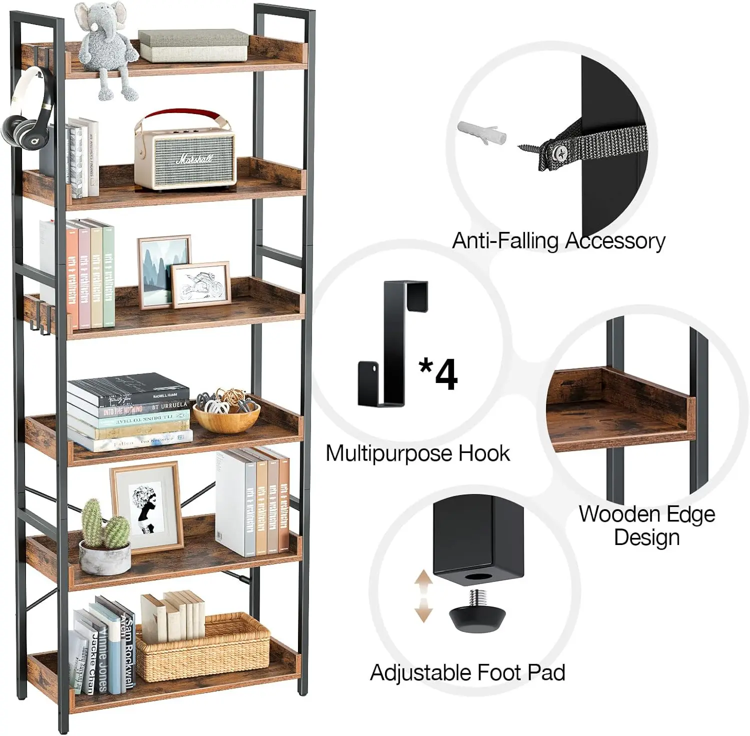 Rolanstar Bookshelf 6 Tier with 4 Hooks, Industrial Bookcase, Vintage Storage Rack with Open Shelves, Rustic Standing