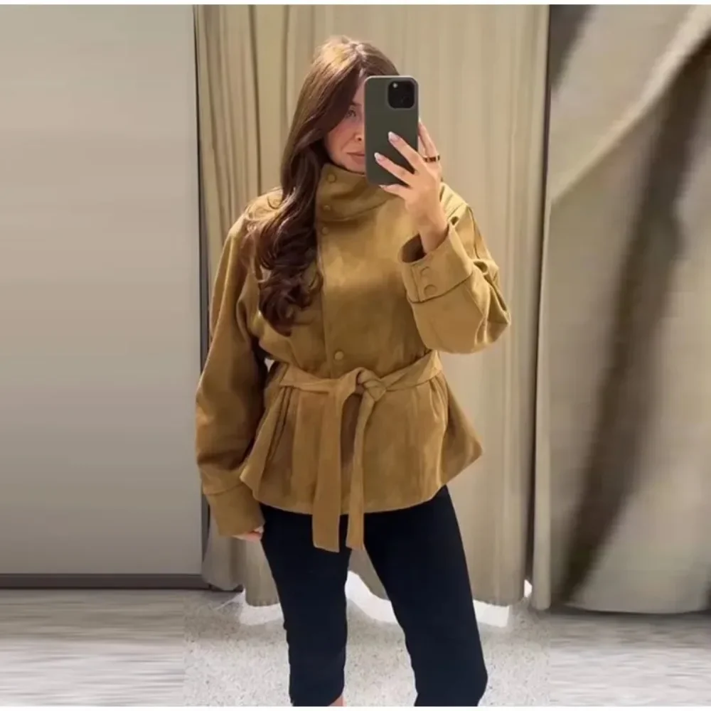Damen Kunstwildleder Kurze Herbst-Winter-Jacke mit Gürtel, Langarm, Locker Geschnitten, Lässige Oberbekleidung, Streetwear für Frauen – Detail 5