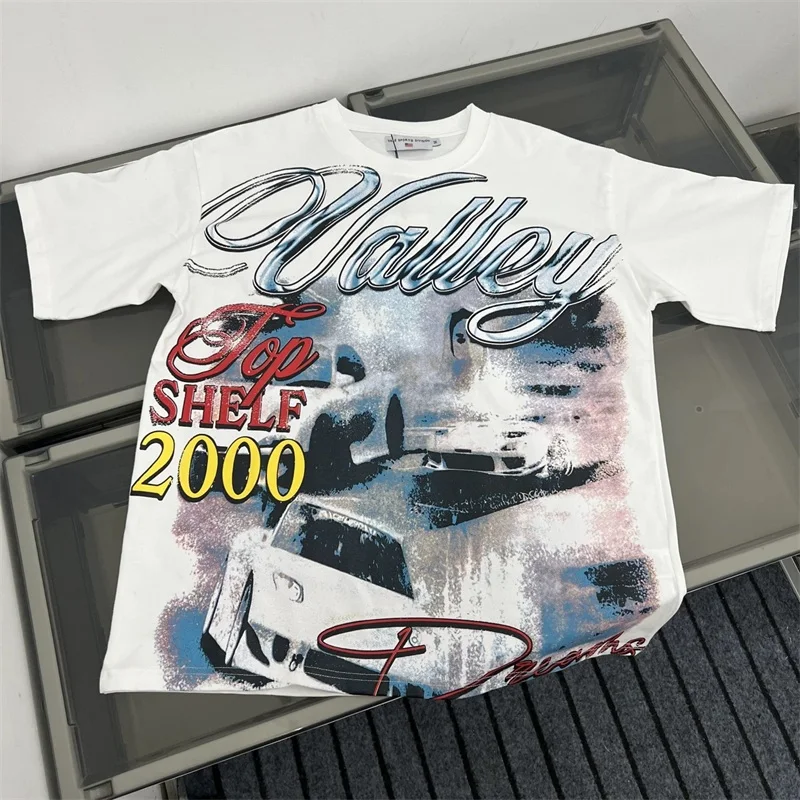 

White Casual VALLEY T-Shirts Car Print Heavy Fabric Cotton Vale Oversized T Shirt Real Picture