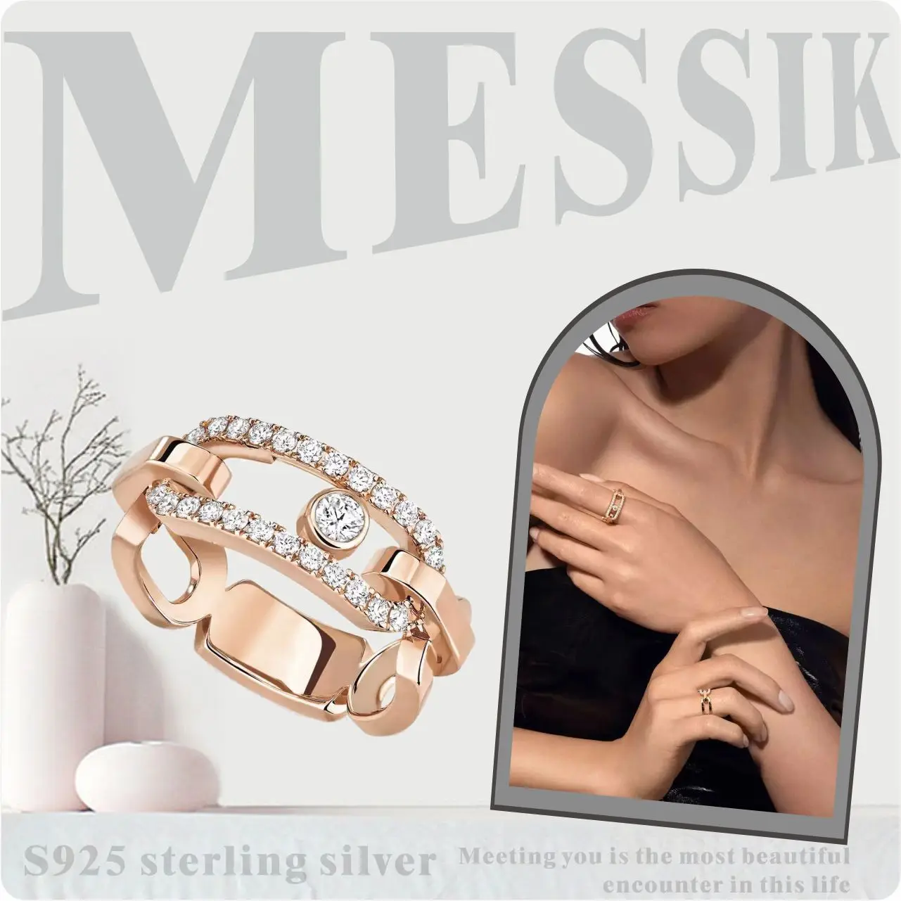 

Sterling Silver S925 Ring Messi Move Link Collection Simple Luxury Sliding Diamond Female Ring 2024 New Explosive Versatile