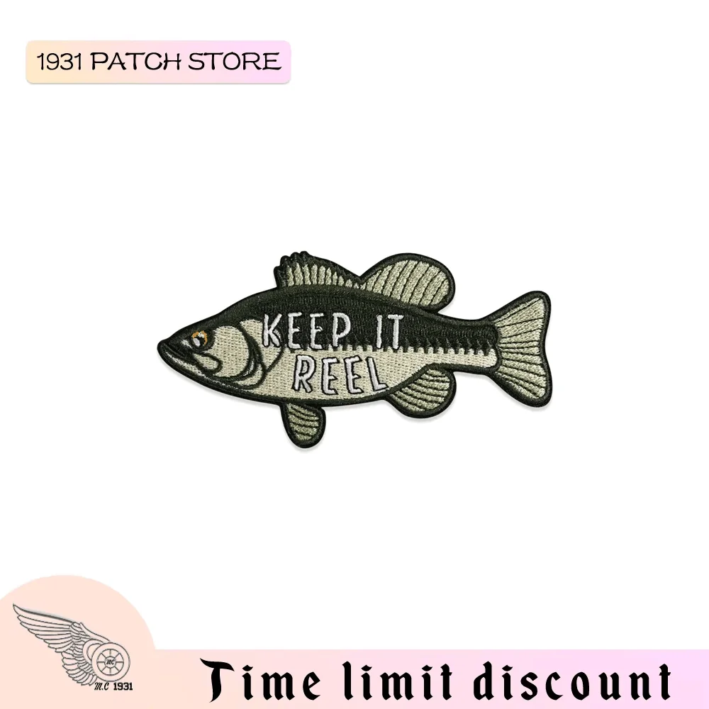 Freshwater Fish Embroidered Patch Iron On Embroidery Patches for Clothes Garments Keep It Reel Large Mouth Bass Freshwater