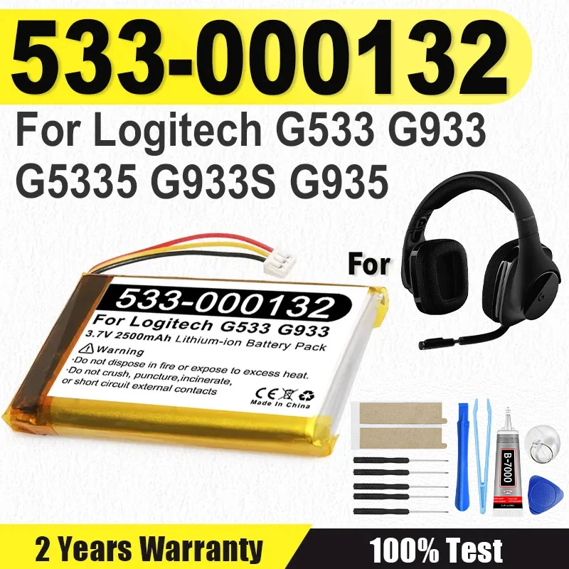 

Совершенно новый аккумулятор 533-000132, 2500 мАч для Logitech G533 G933 G5335 G933S G935 533000132, аккумуляторная батарея + бесплатные инструменты