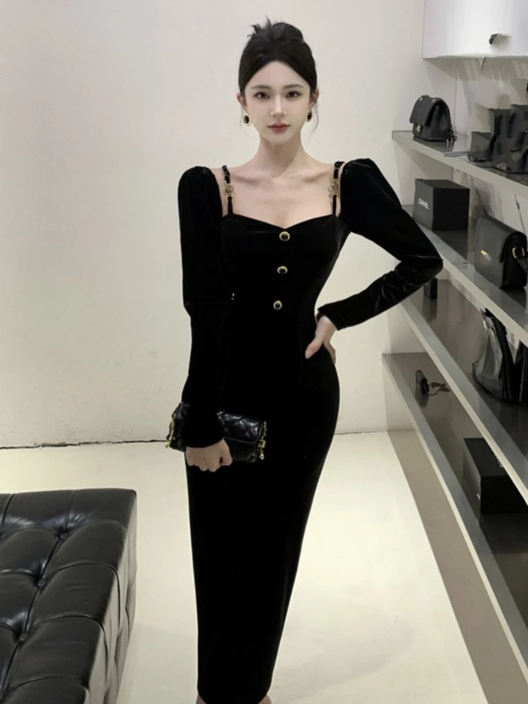 

Vintage Elegant Black Velvet Midi Dress for Women Long Sleeve Bodycon Pencil Dresses Spring Party Prom Vestidos Mujer Clothes