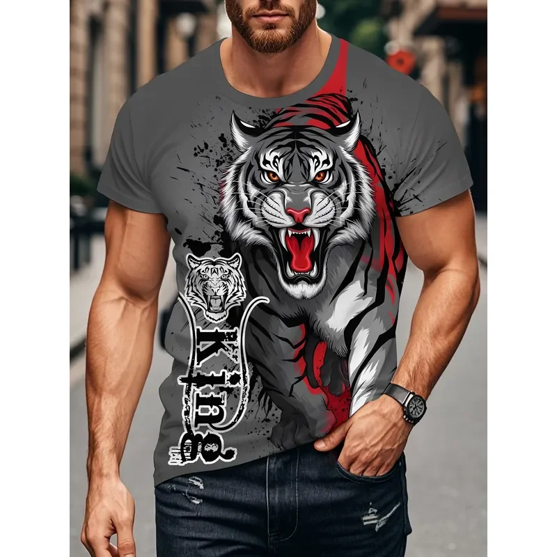 Men's 3D Fierce Tiger Print T Shirt Retro Roaring Tiger Short Sleeve Casual Top Summer Fashion Thin Breathable Polyester