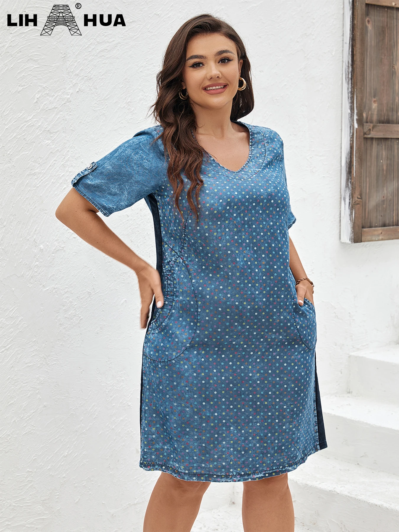 LIH HUA Women's Plus Size Denim Dress Summer Chic Elegant Dress For Chubby Women's Woven Cotton Dress