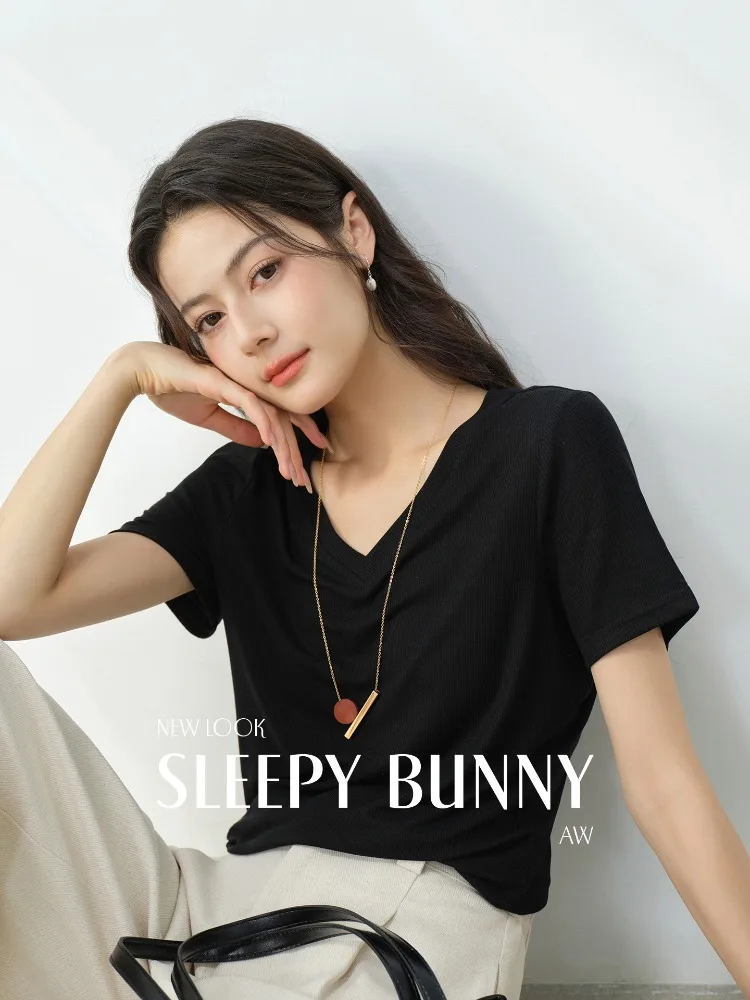 

Elegant Casual V Neck T Shirt Top Summer Tencel Acetate Short Sleeve Solid Color Blouse Soft Breathable Outfit Women Daily Wear