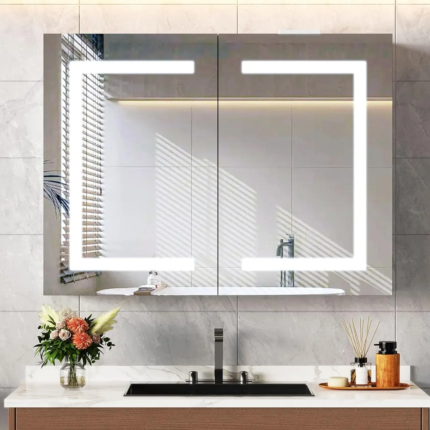 Bathroom Medicine Cabinet with Mirror and LED Lights, Wall Mount Bathroom Mirror with Storage, Anti-Fog, Built-in Power Outlets,