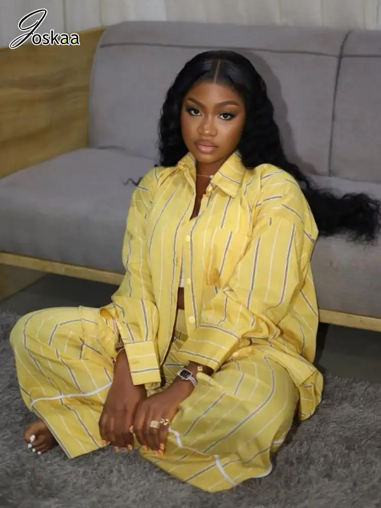 

Joskaa Striped Print 2 Piece Sets Women Hipster Long Sleeve Blouse Tops and Wide Leg Pants Matching 2025 Tracksuits Streetwear