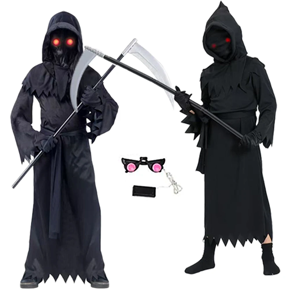 

Костюм для косплея Grim Reaper, комбинезон с красными глазами, светящаяся опора, коса, черный халат, плащ, перчатки, одежда на Хэллоуин, страшное карнавальное платье