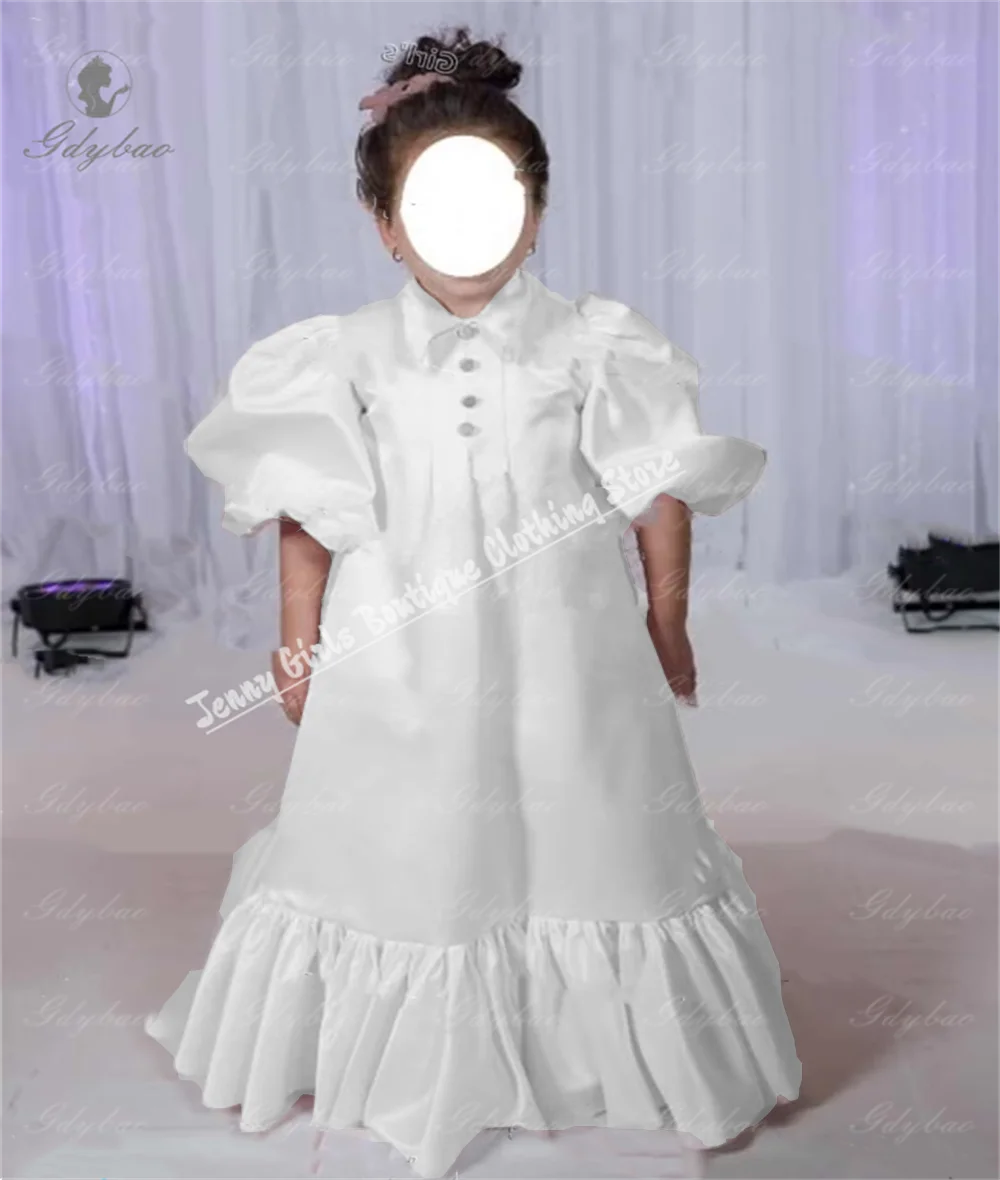 Vestido de fiesta blanco para niñas, vestidos de flores con mangas abullonadas, lapelas de Peter personalizadas, boda, fiesta de cumpleaños, desfile de boda, damas de honor