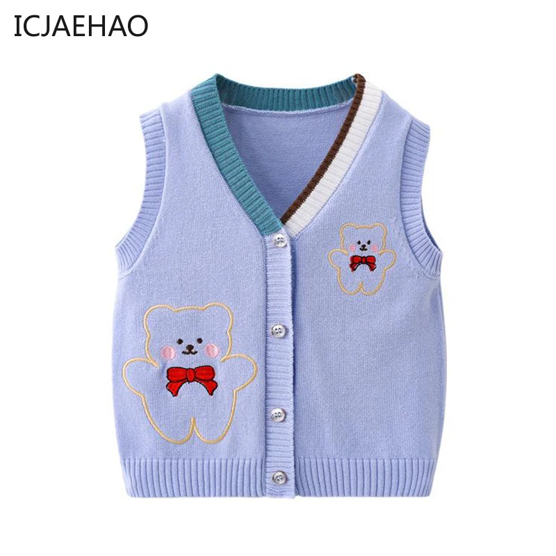 

2024 Winter New Children's Sweater Clothes Kids Catoon Bear Print Knitted Vest Cardigan Unisex Toddlers Sleeveless Knitting Tops