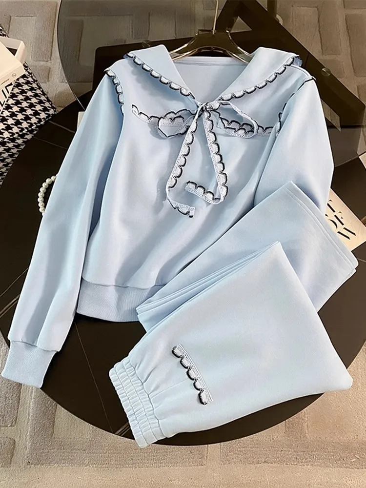 New Women Spring Bowknot Pullover Slim Fit Sweatpants Two Piece Running Set Outdoor Sports Tracksuit Gym Fitness Training Sets