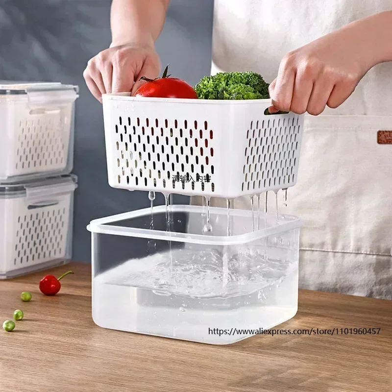 Recipiente de armazenamento de geladeira multiuso com cesta de drenagem e caixa de armazenamento para frutas e legumes