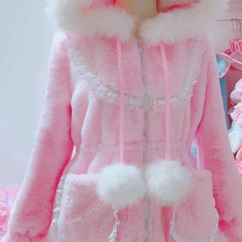Original Design Cute Pink Furry Splicing Hooded Women's Jacket Autumn Winter New Fleece Lined Waist Adjustable Warm Coat Ladies