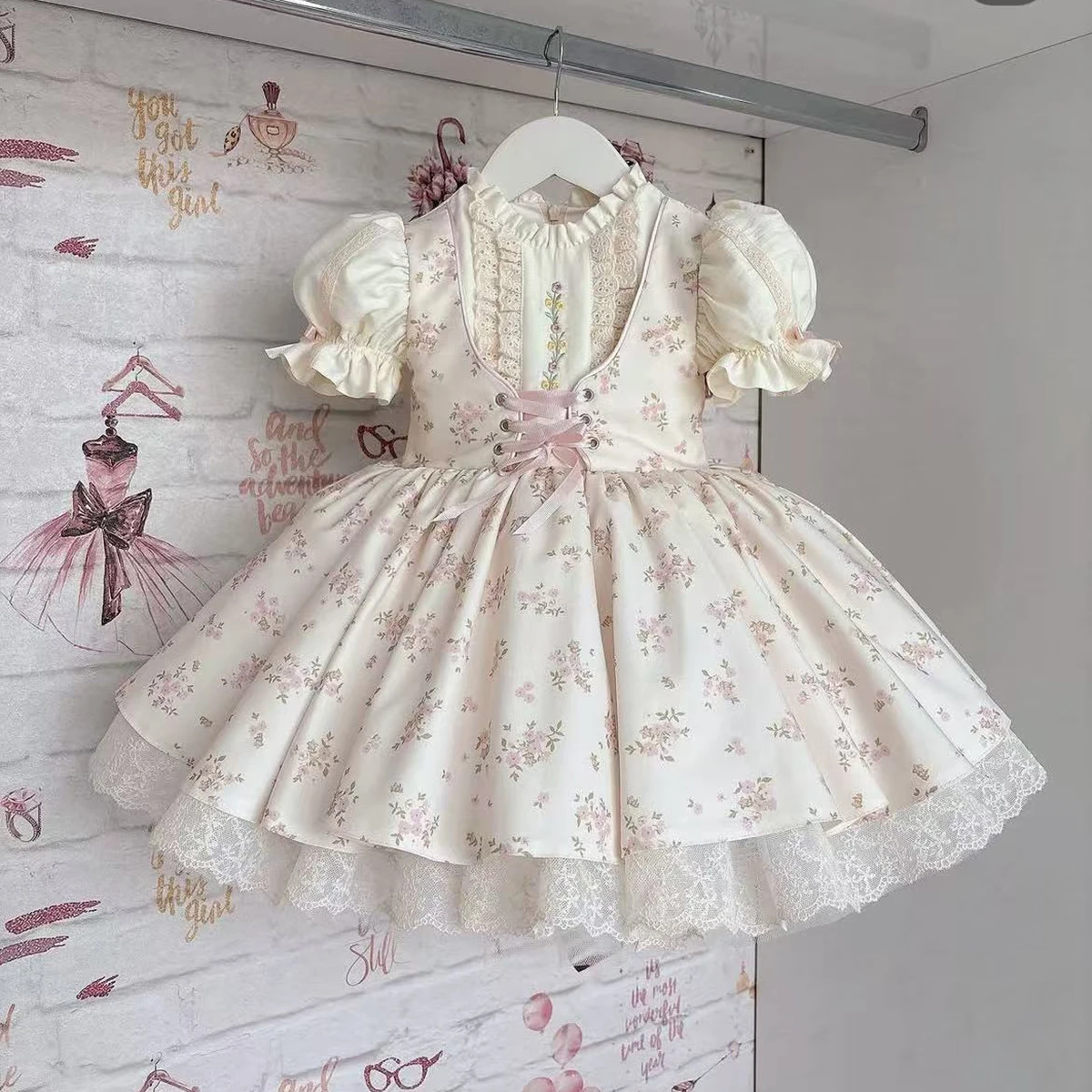 Summer Girls Sweet Handmade Embroidered Flower Lace Print Beige Dress For Casual Party Birthday Wedding Photography
