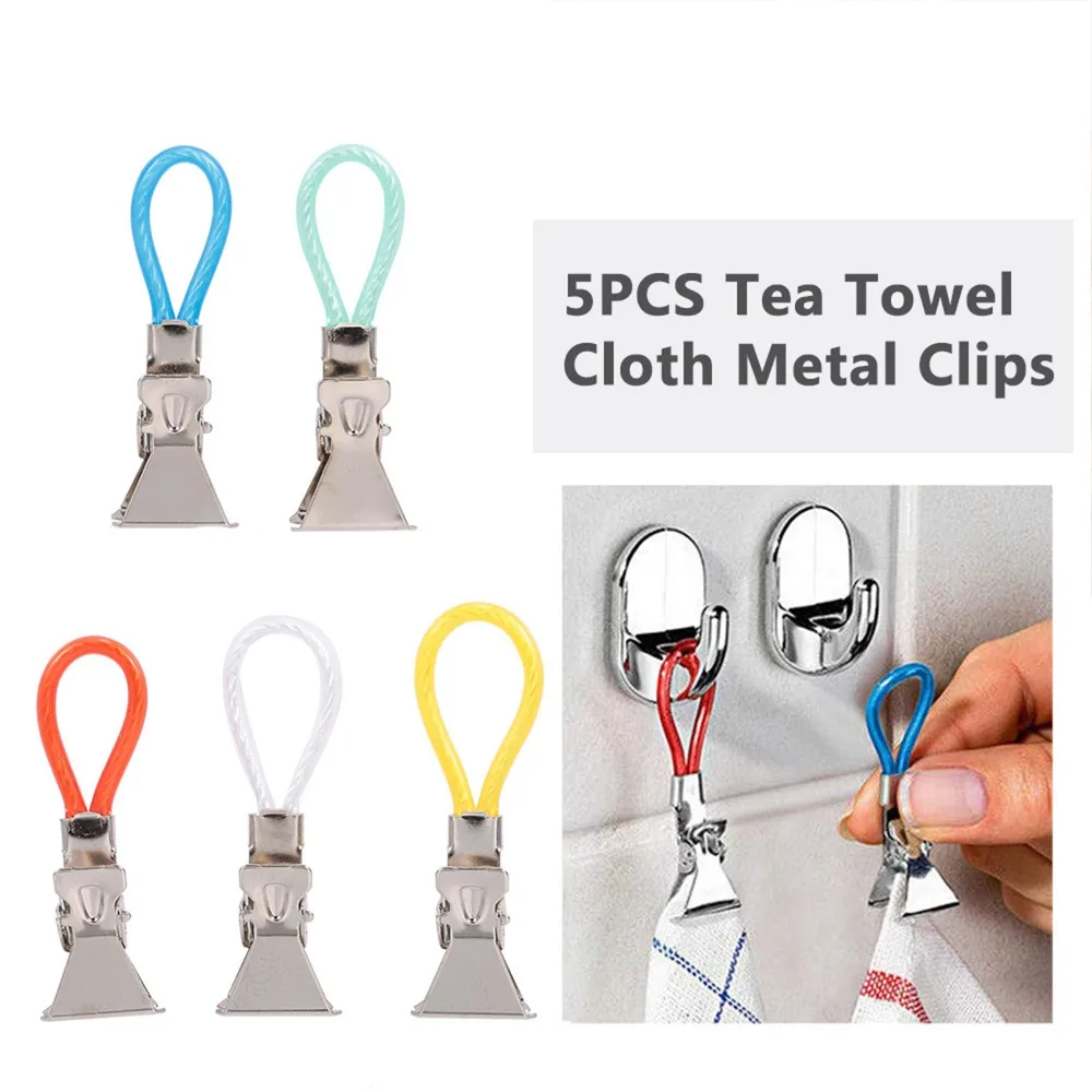 5 PCS / 10 PCS Stainless Steel Tea Towel Clip Colorful Hanging Loop Design Hand Towel Hanging Clip Multipurpose Clothespin Style