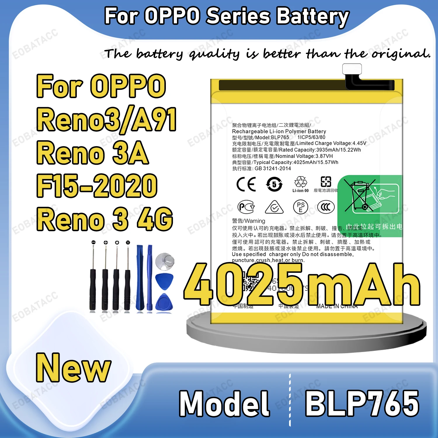 

100% New Original Battery BLP765 For OPPO Reno3/A91/Reno 3A/F15-2020 Battery+ Free Tools