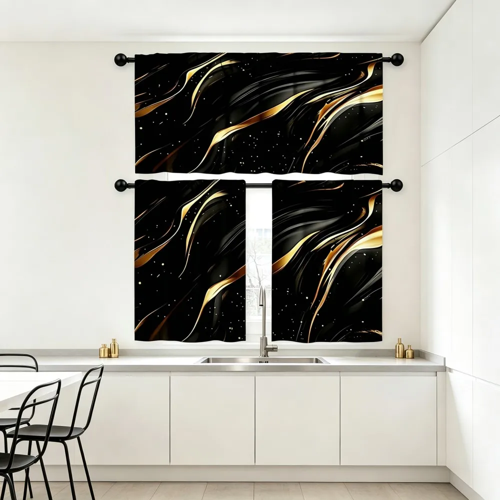 Luxury Kitchen Curtains, Black Gold Wave Marble Fluid, Digital Print, Kitchen Dining Room, Rod Pocket Polyester, Home Decor