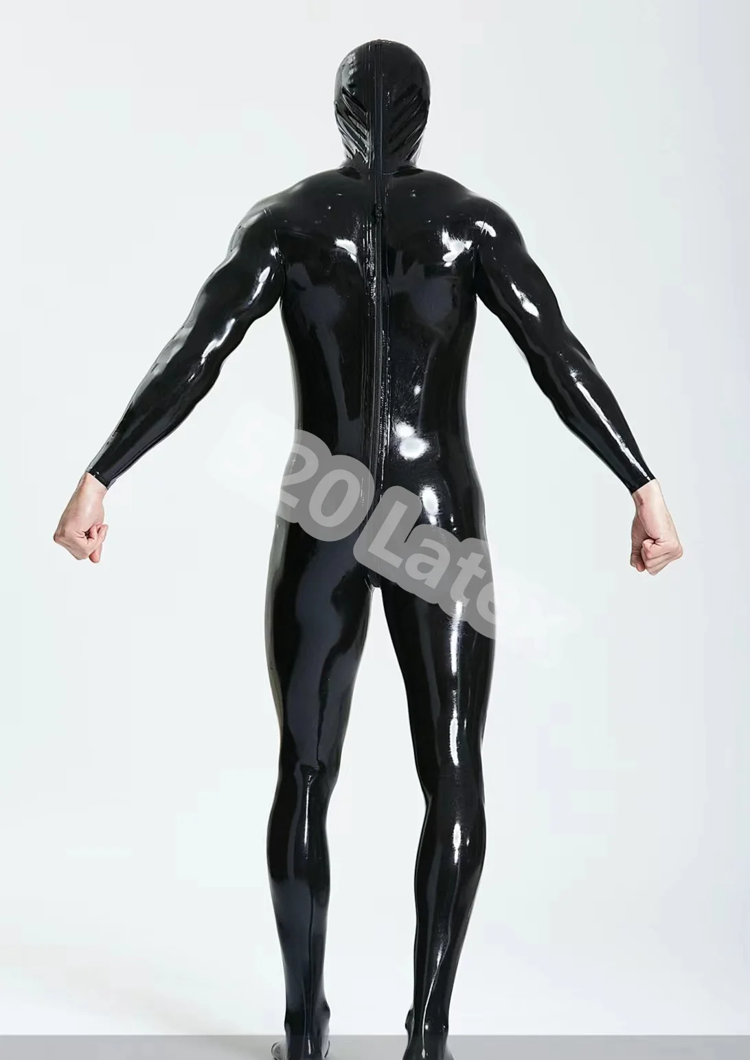 

Handmade Natural Latex Zentai Men's Full Body Latex Rubber Catsuit Attached Hood Socks Back Head to Crotch Zip Cosplay Costume