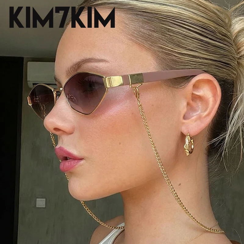 Small Frame Hexagon Sunglasses Women With Chain 2026 Luxury Brand Vintage Punk Polygon Sun Glasses For Lady Travelling Eyewear