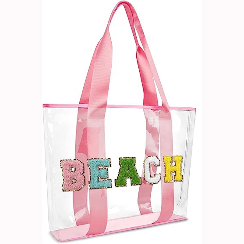 Women Pink Cute Girls Travel Chenille Letter Clear PVC Transparent Beach Patches Stuff Tote Bag with Handles for Swim