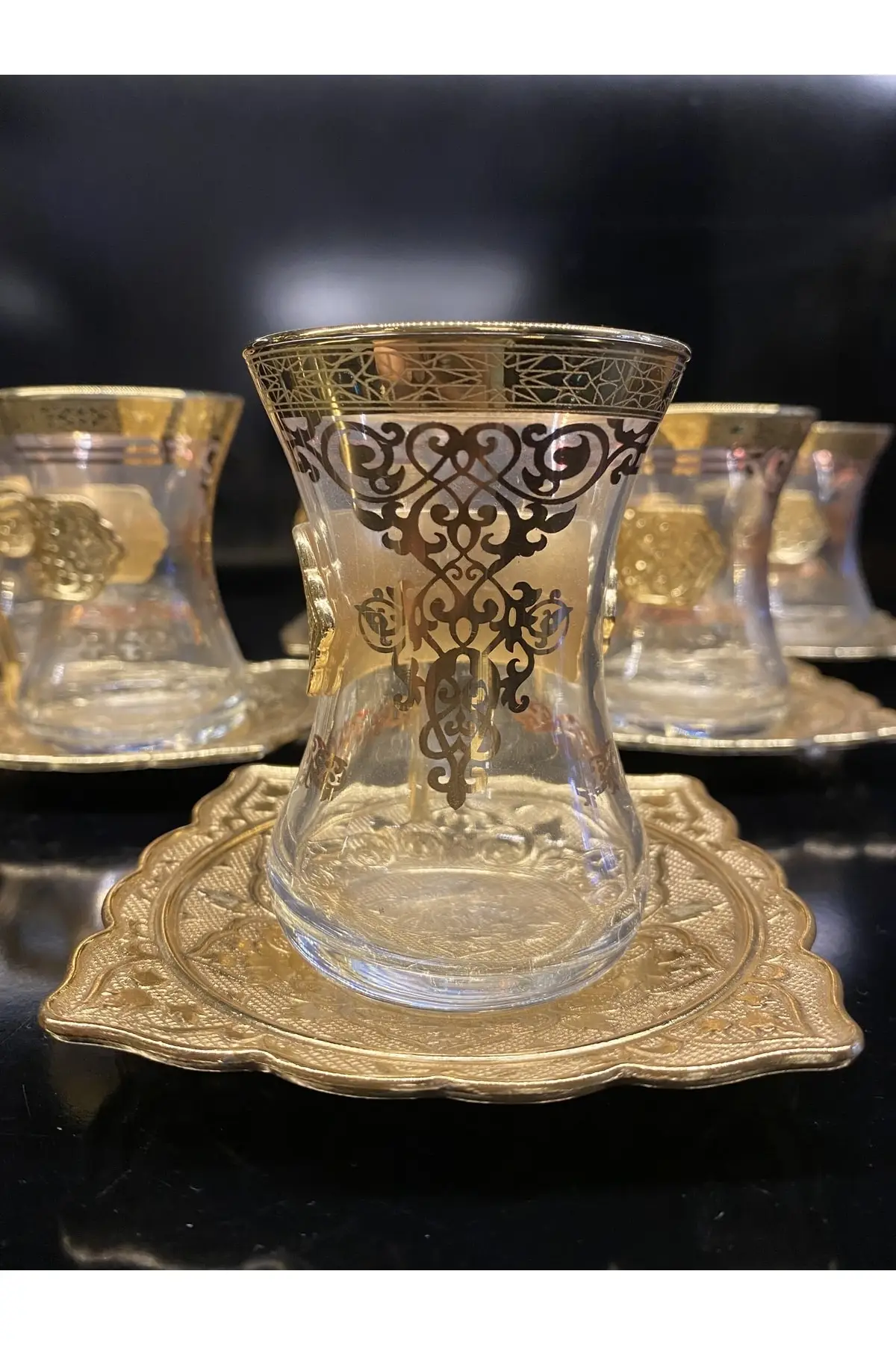 DOLBOVI Gold Leaf Brass Handle Brass Tea Plate 12 Piece Tea Set Turkish Tea Glass Cup