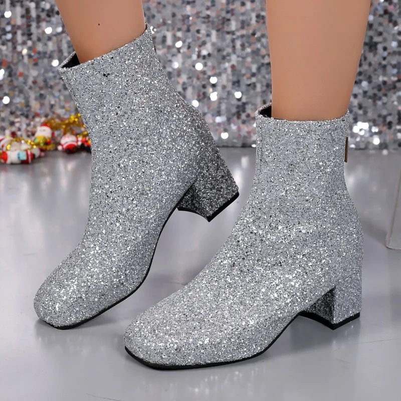 Fashion Women Ankle Boots New Spring Shiny Glitter Booties Clear Glitter Bling Shiny Trend High Heels Luxury Designer Shoes Hot
