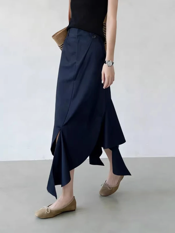 plus Size Deep Blue Asymmetrical High Waist Slimming Summer New Style Elegant Design Long Skirt for Women in plus Size
