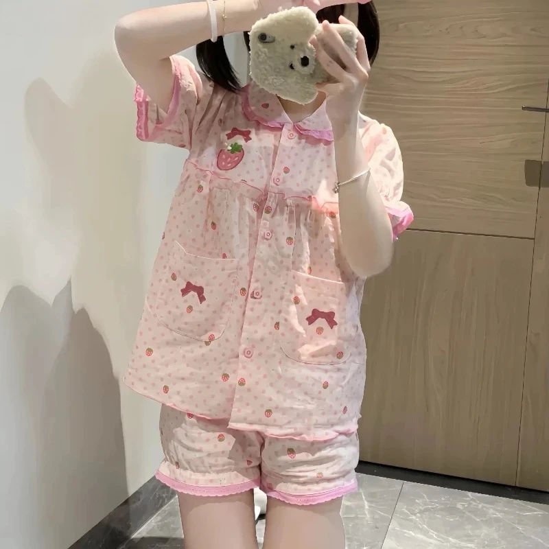 Japanese Kawaii Lolita Style Strawberry Embroidery Pajamas Set Ladies Short Sleeve Tops Shorts Sweet Summer Homewear Outfit