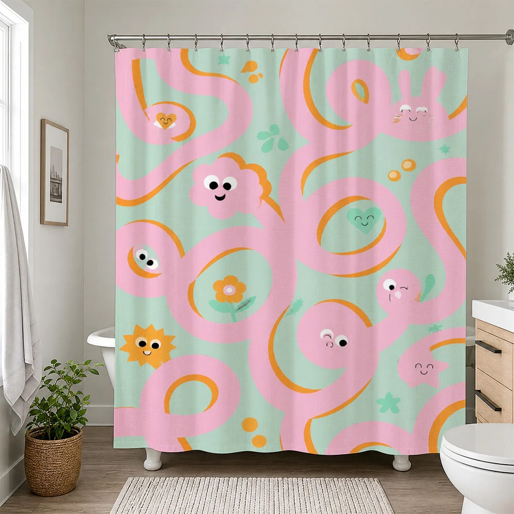 Cute Pastel Rainbow Blob Friends Shower Curtain Bathroom Decor Fun Kids Nursery Shower Curtain