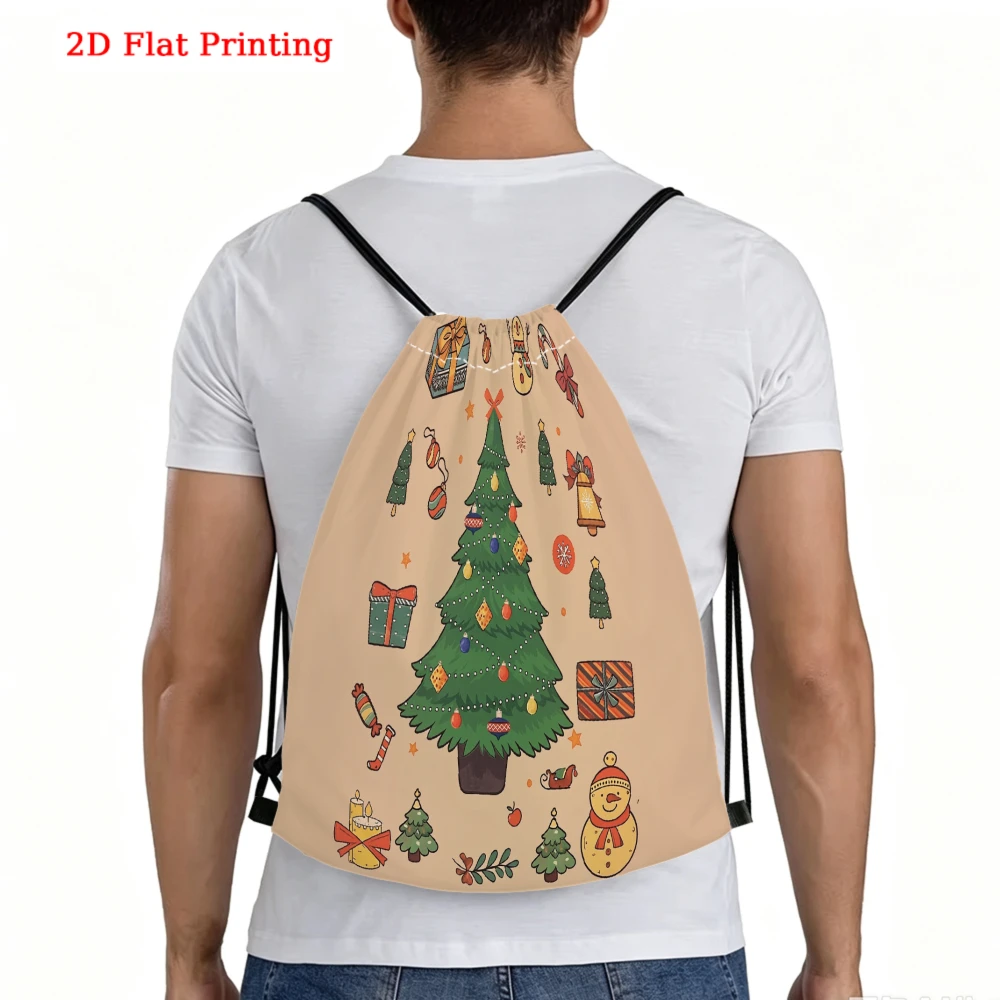 Cute Christmas Theme, Drawstring Backpack, 2D Flat Printing Festive Tree Pattern, Gym Sports Bag, Outdoor Travel Cinch Sack