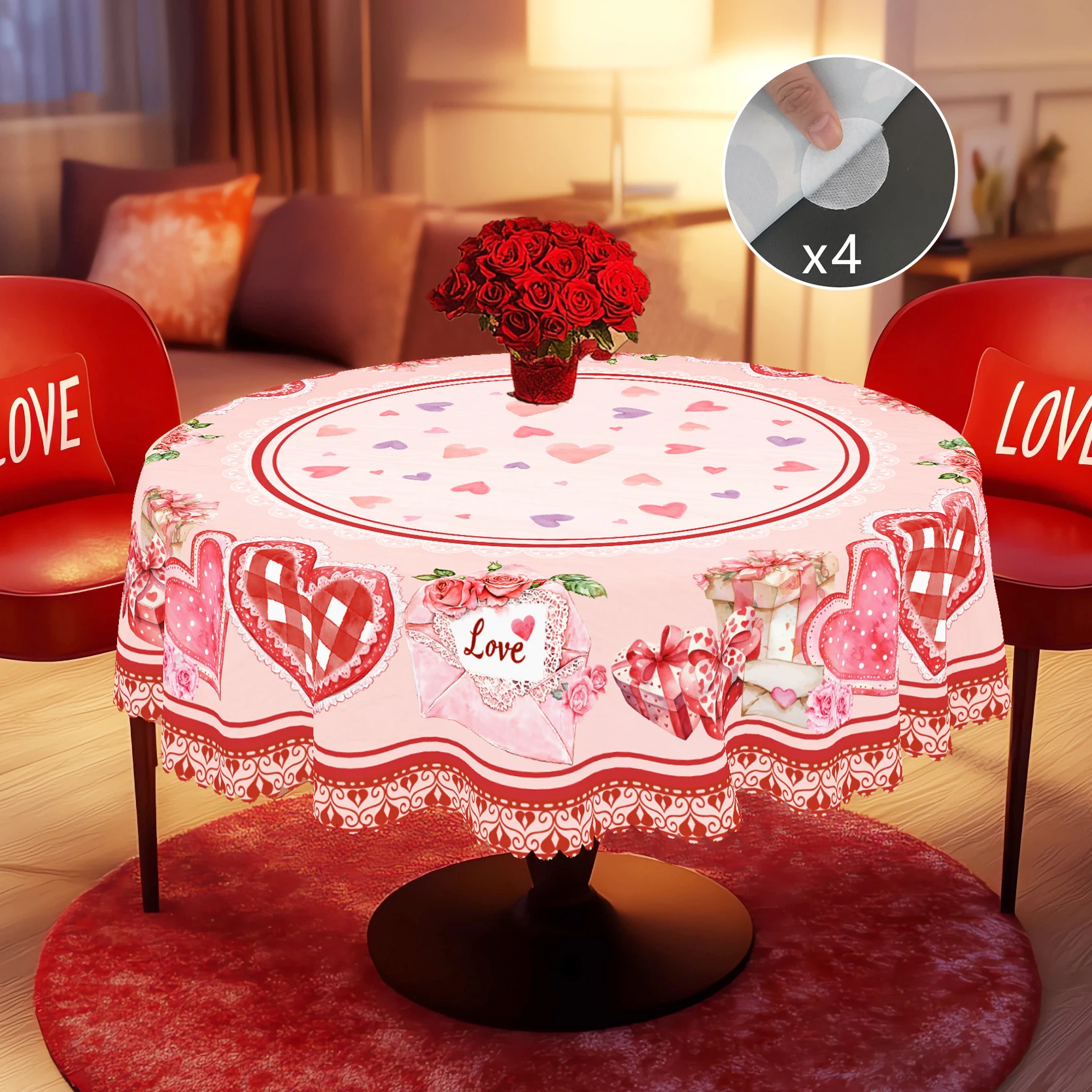 قطعة واحدة من مفرش المائدة المستدير والمستطيل لعيد الحب، متوفر في 5 مقاسات، مفرش طاولة مزخرف بطباعة التاريخ الرومانسي، يأتي مع 4 ملصقات مفرش طاولة بحافة منقوشة، ديكور مفرش طاولة للحديقة في المنزل، مناسب للاستخدام اليومي في المطبخ والفناء، هدية عيد الحب