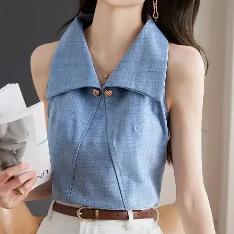 New Summer Office Lady Turn Down Collar Sleeveless Vest Tops High End French Spliced Women Shirts Y2k All Match Casual Camis