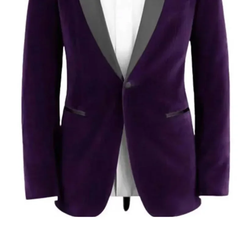 1 Piece 2024 Purple One Button Men\'s Blazer Black Shawl Lapel Velvet Casual Smoking Male Clothing Daily Suits Outerwear Jacket