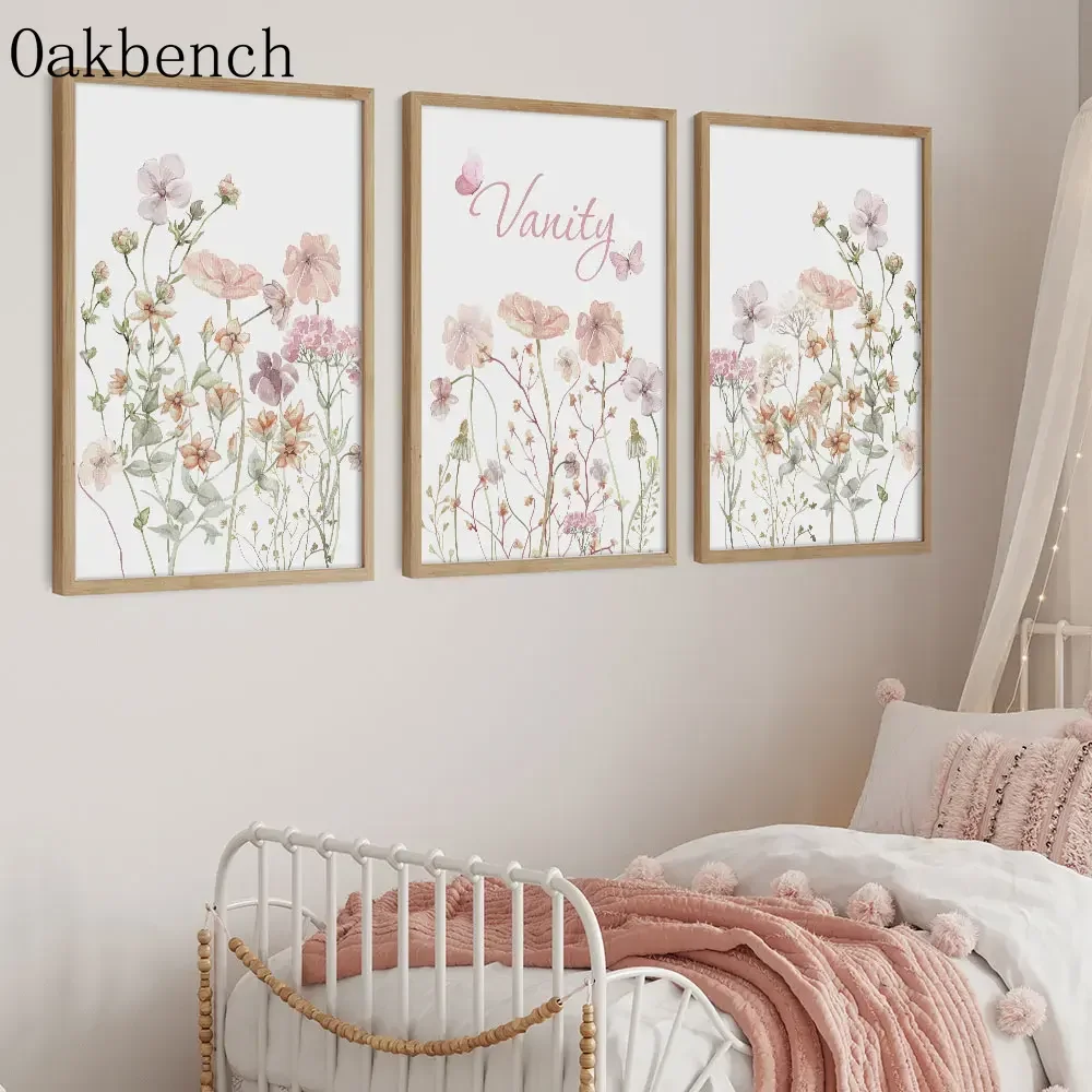 Custom Name Art Poster Personalized Pink Flowers Canvas Poster Kindergarten Decoration Poster Baby Girls Bedroom Decor No Frame