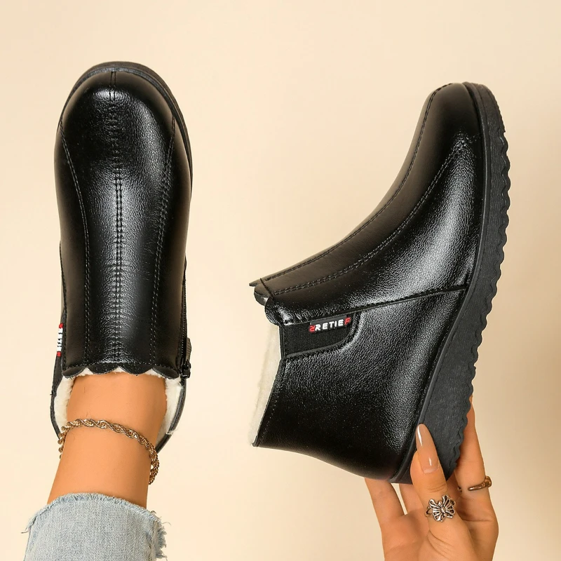 

Женские ботинки, зимние ботинки на плоской подошве, зимняя теплая хлопковая обувь на флисовой подкладке, легкие плюшевые ботильоны, нескользящая повседневная обувь из искусственной кожи